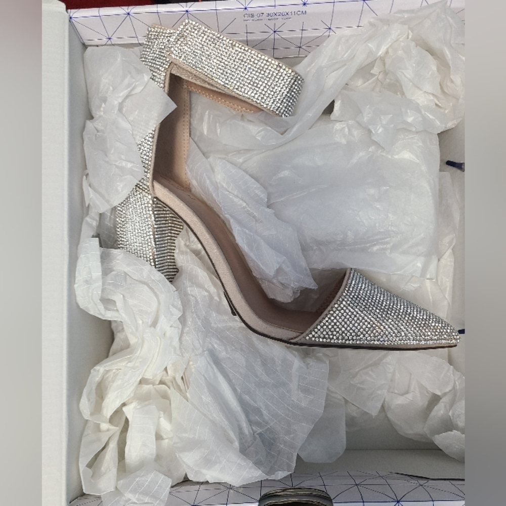 Call It Spring BERINNA Silver Rhinestone Ankle-Strap Pointed-Toe Heels
